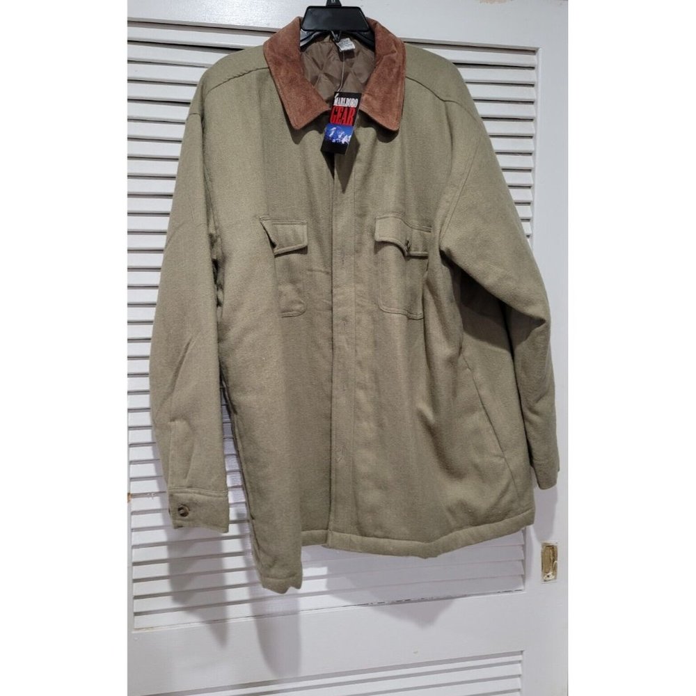 NEW Marlboro Gear Mens XL Vtg Dark Khaki Button Down Leather Collar  Jacket